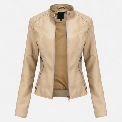 Women's cropped leather jacket with front zip closure – Beige