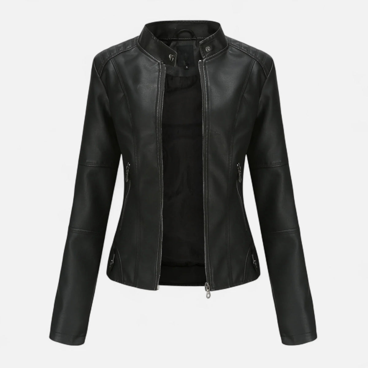 Women's cropped leather jacket with front zip closure – Black