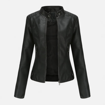 Women's cropped leather jacket with front zip closure – Black
