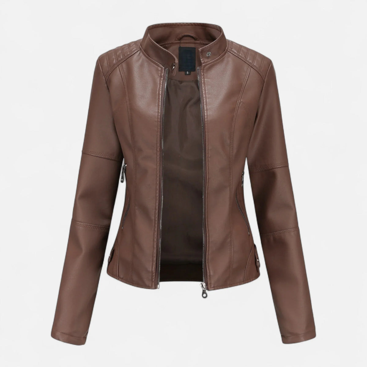Women's cropped leather jacket with front zip closure – Coffee