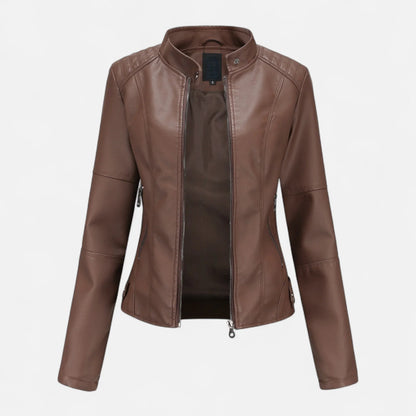 Women's cropped leather jacket with front zip closure – Coffee