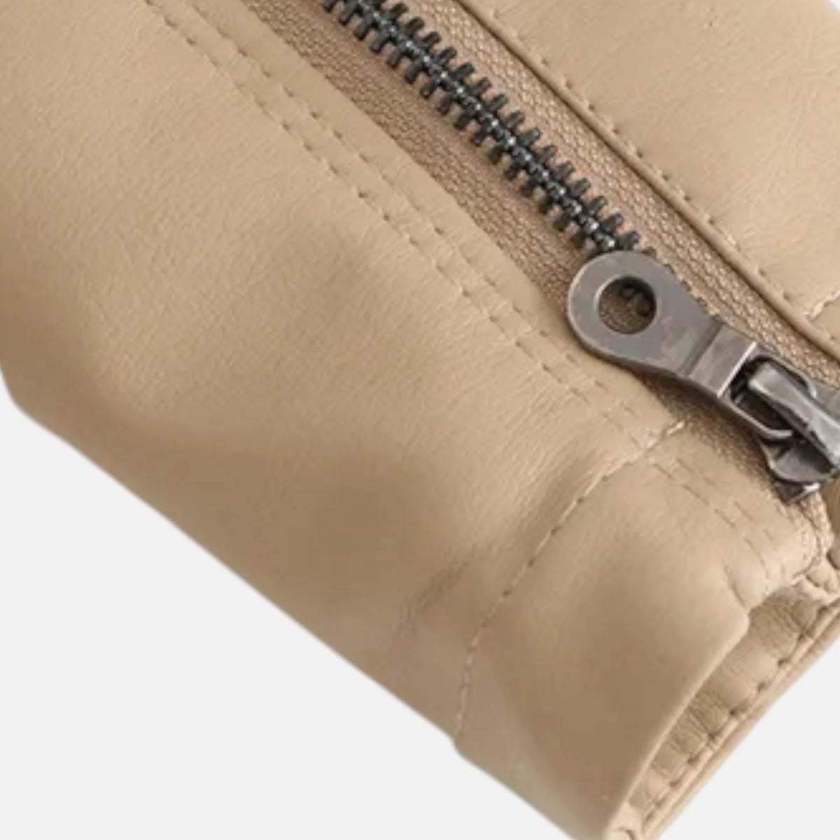 Women's cropped leather jacket with front zip closure