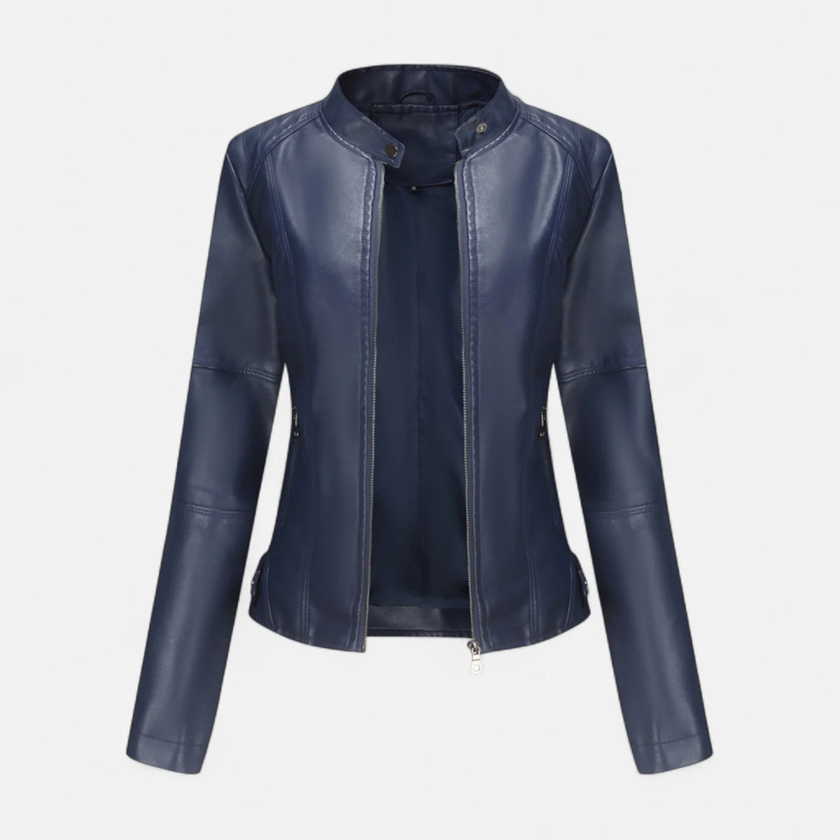 Women's cropped leather jacket with front zip closure – Navy