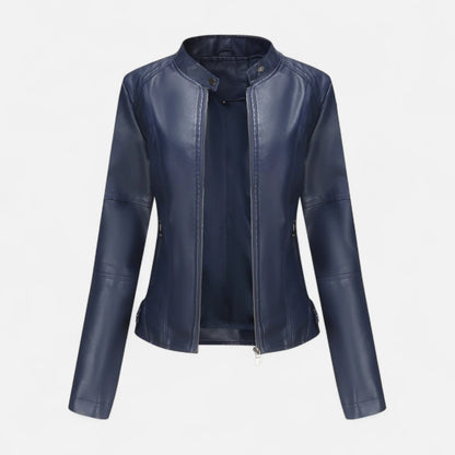 Women's cropped leather jacket with front zip closure – Navy