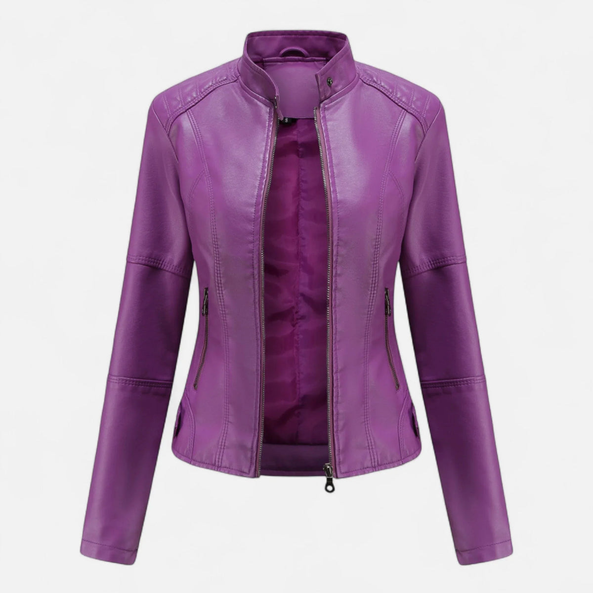 Women's cropped leather jacket with front zip closure – Purple