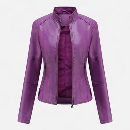 Women's cropped leather jacket with front zip closure – Purple