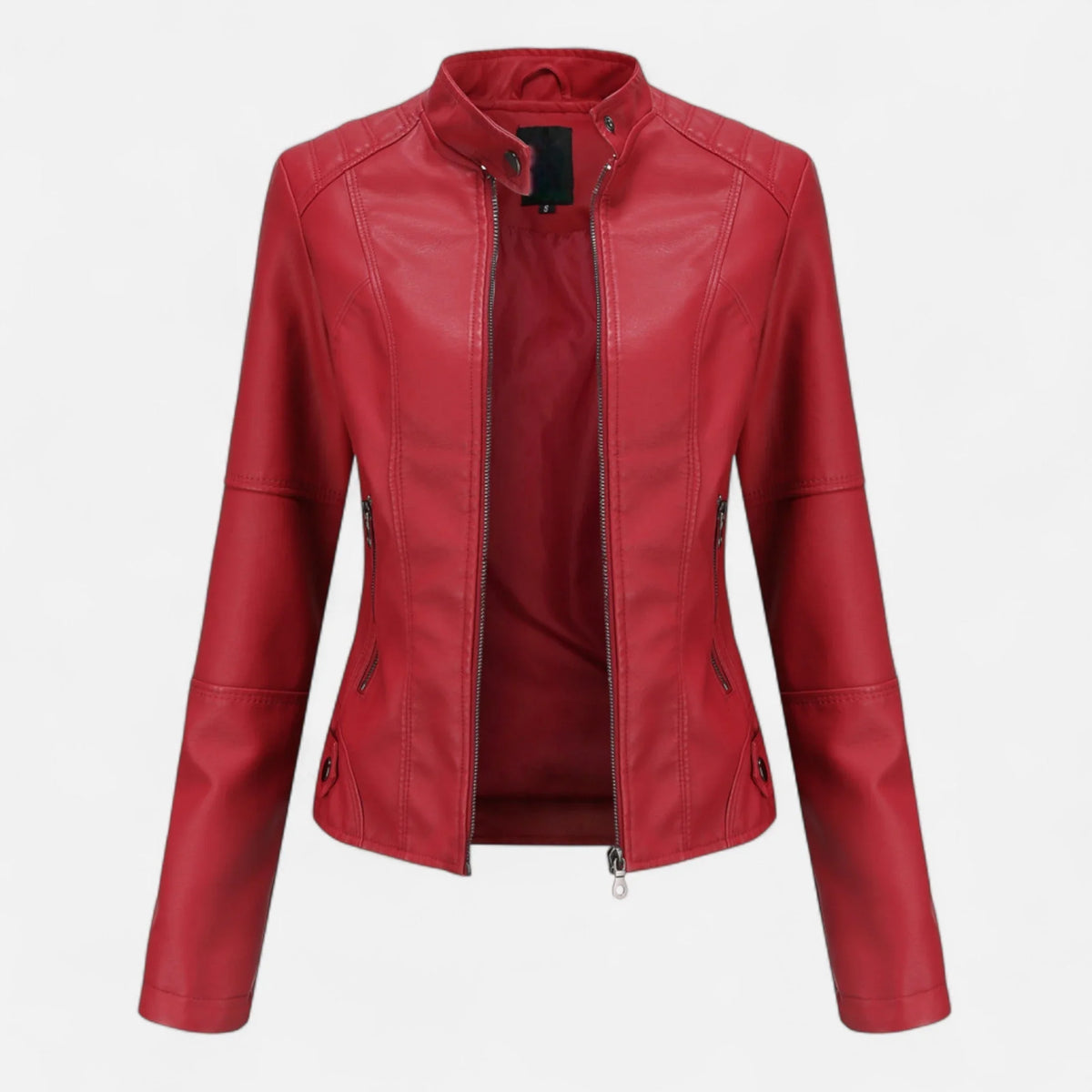 Women's cropped leather jacket with front zip closure – Red