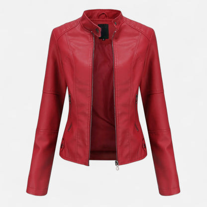 Women's cropped leather jacket with front zip closure – Red