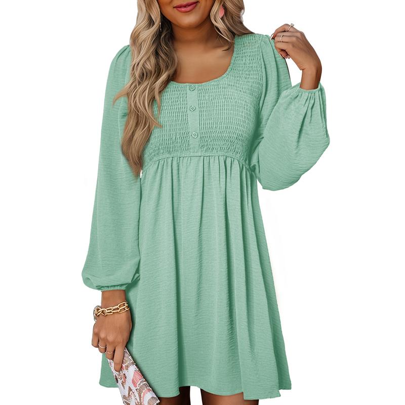 Women's smocked empire-waist long-sleeve mini dress with square-neck and button-front – Mint