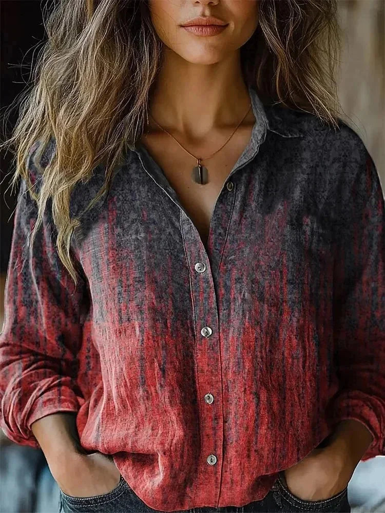 Women's floral collared button-down shirt with long sleeves and chest pockets – Red/ Dark Grey