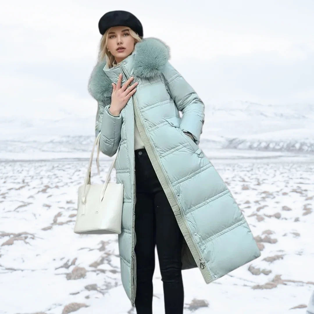 Women's faux-fur trimmed hooded winter parka coat – Blue
