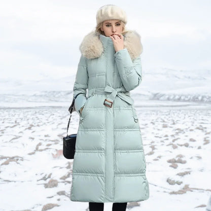 Women's faux-fur trimmed hooded winter parka coat – Blue and White