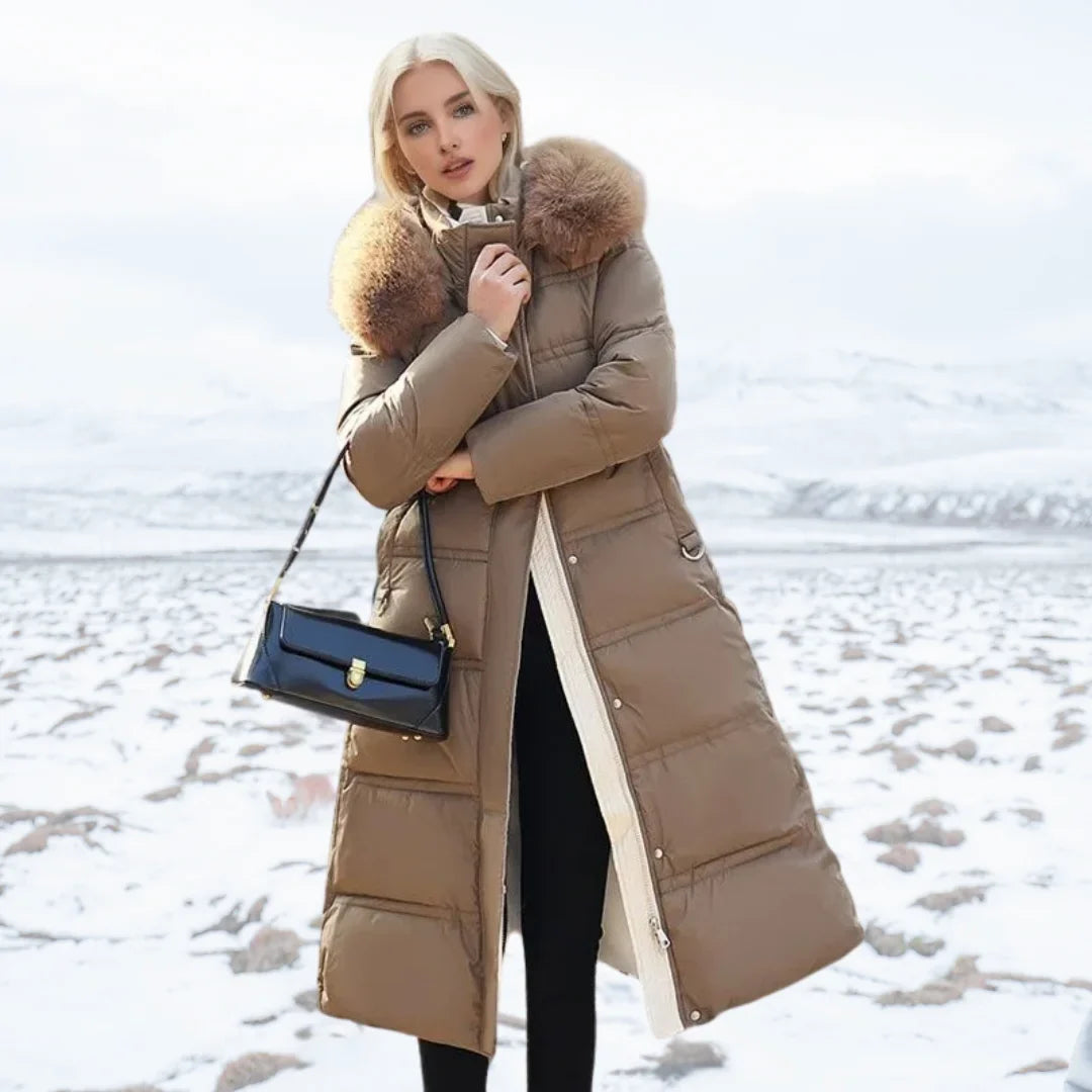 Women's faux-fur trimmed hooded winter parka coat – Brown
