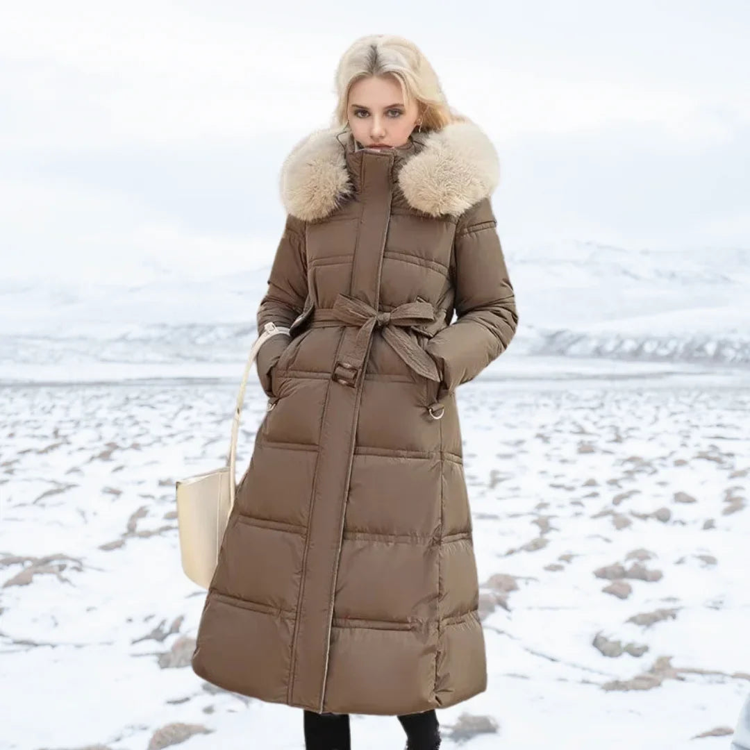 Women's faux-fur trimmed hooded winter parka coat – Brown and Beige