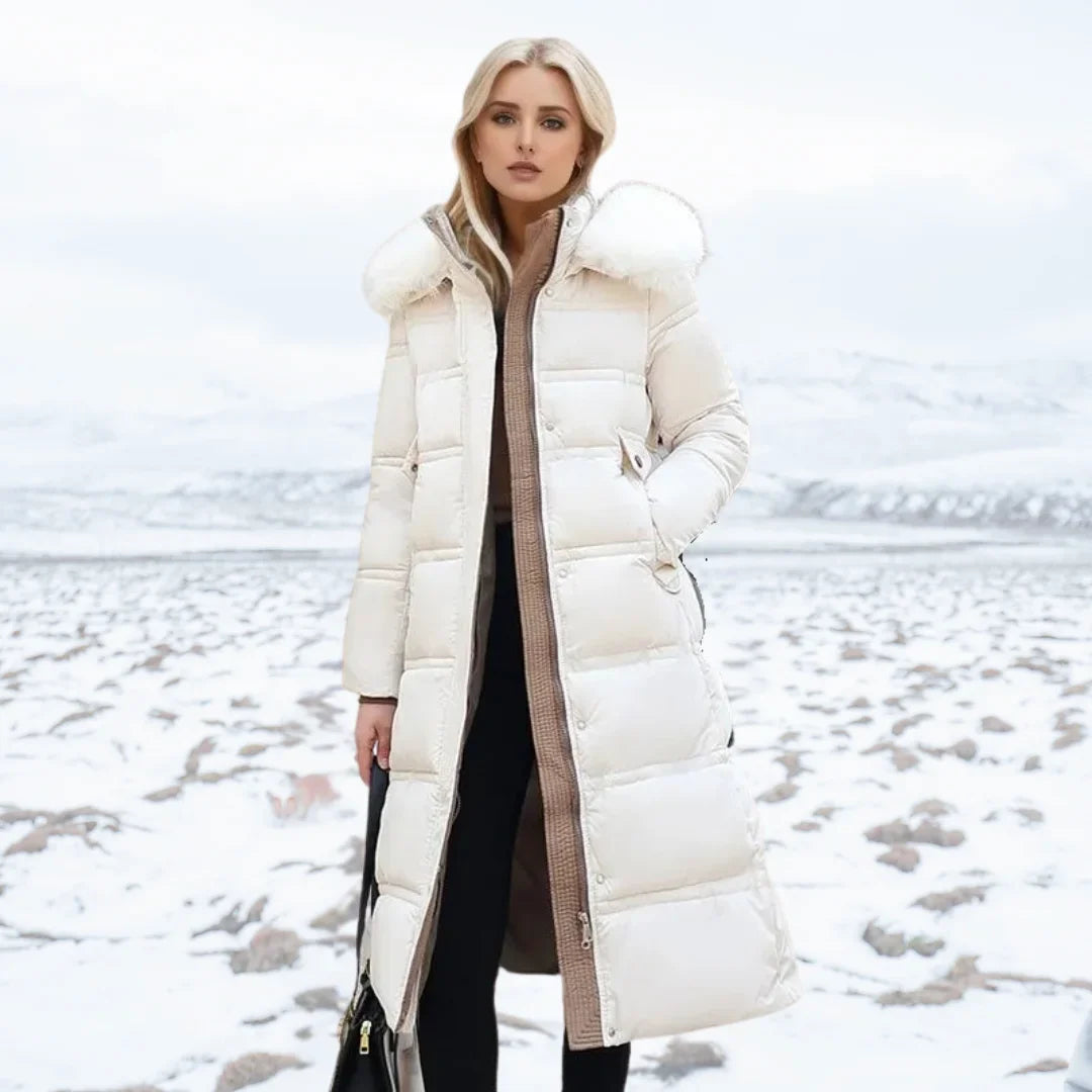 Women's faux-fur trimmed hooded winter parka coat – White