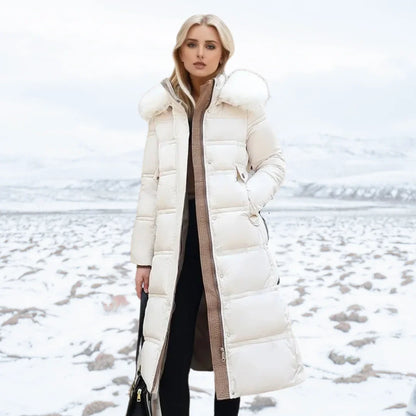 Women's faux-fur trimmed hooded winter parka coat – White