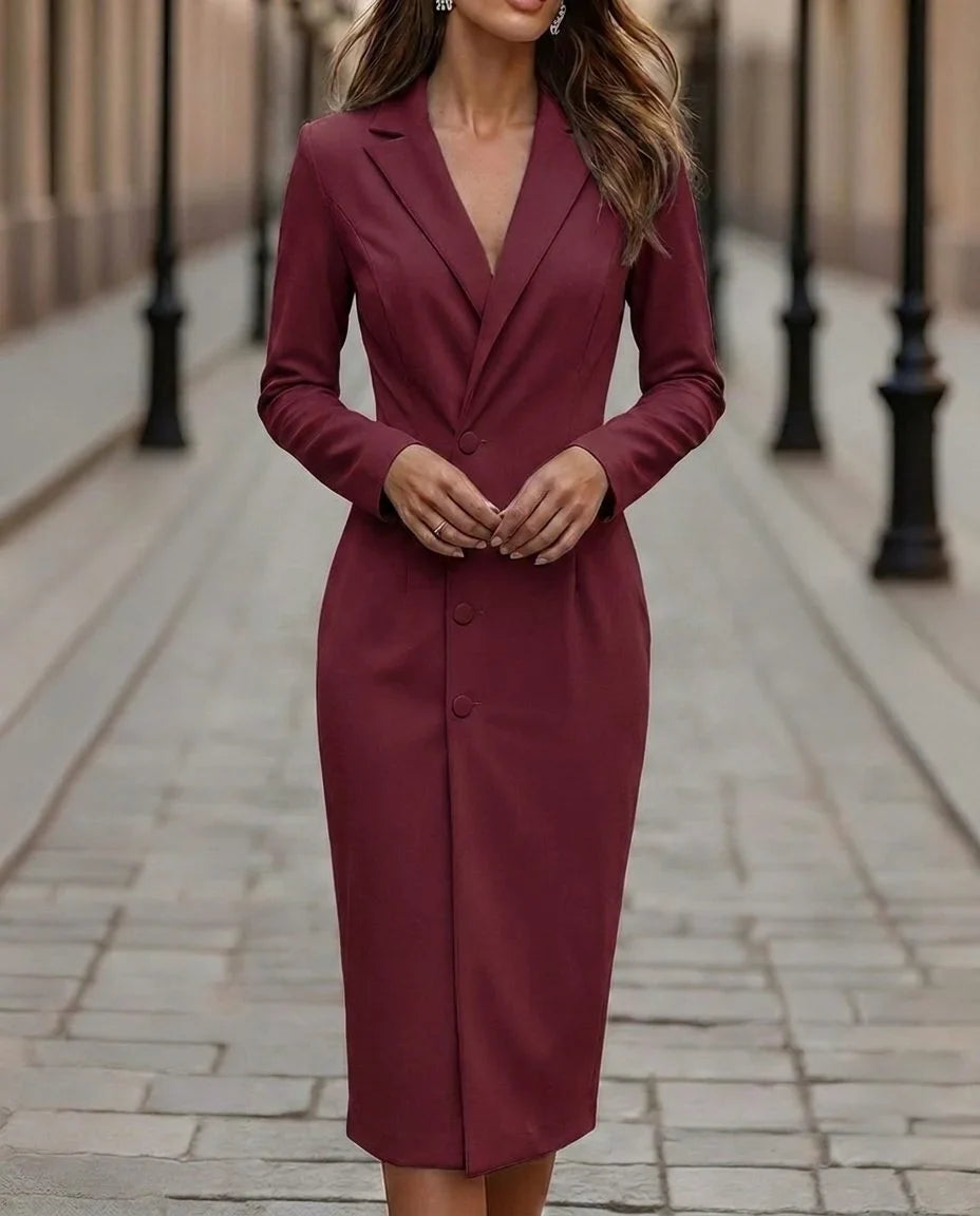 Women's double-breasted midi blazer dress with peak lapel – Red