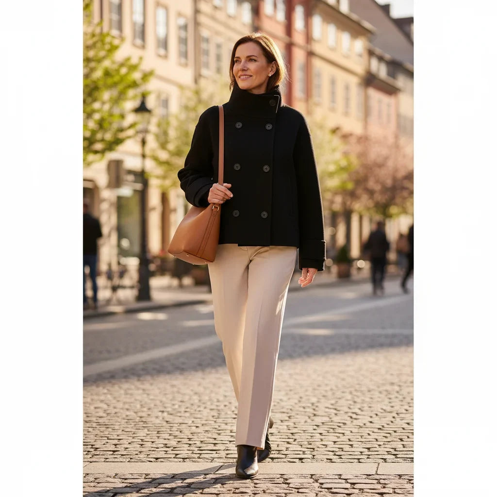 Women's double-breasted cropped coat with rolled cuffs