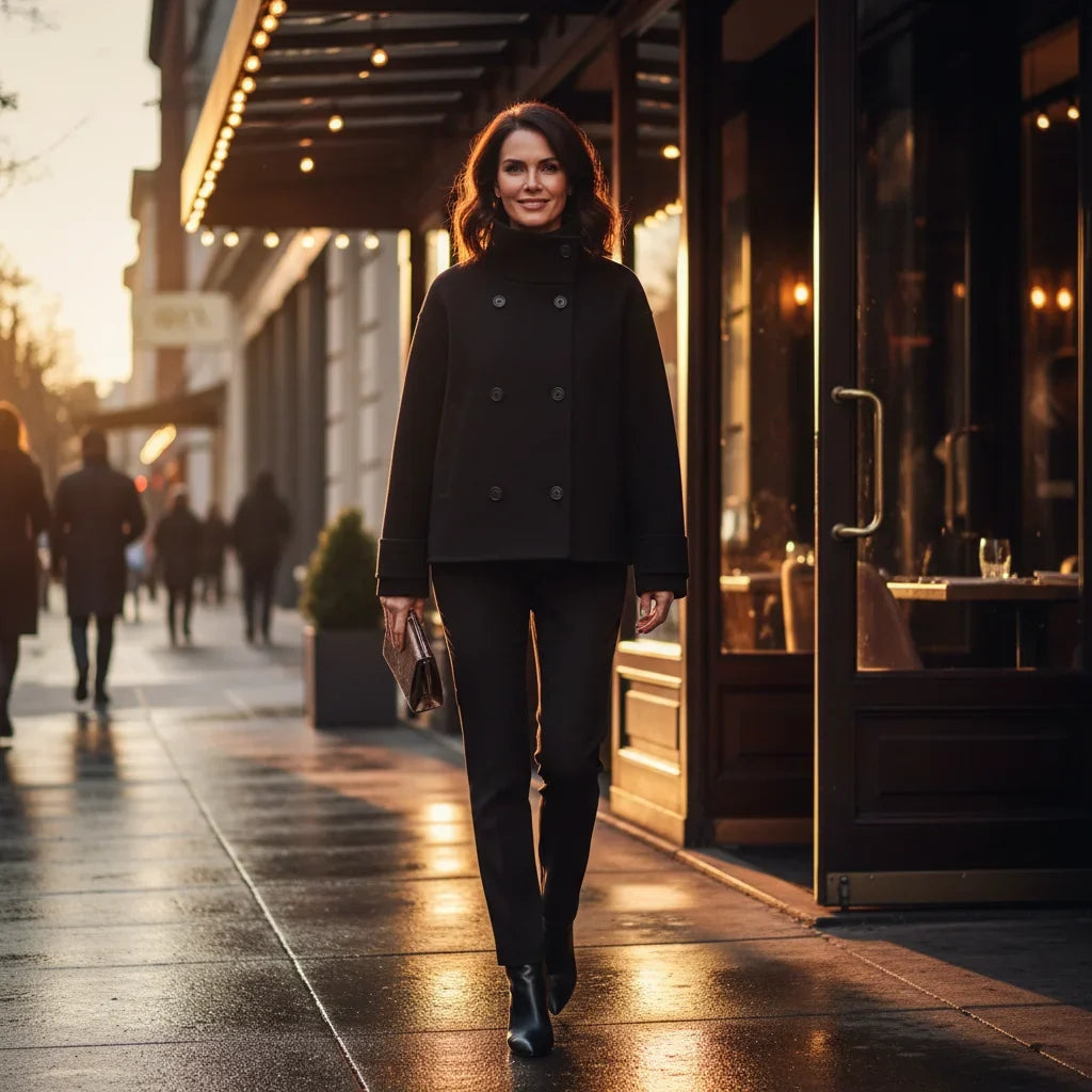 Women's double-breasted cropped coat with rolled cuffs