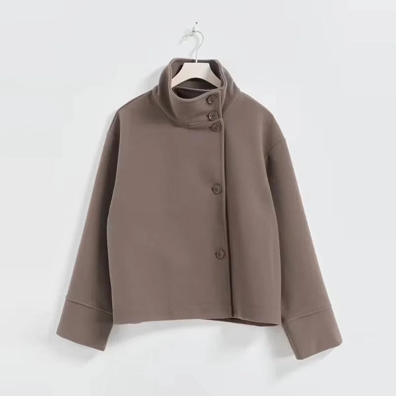 Women's double-breasted cropped coat with rolled cuffs – Beige