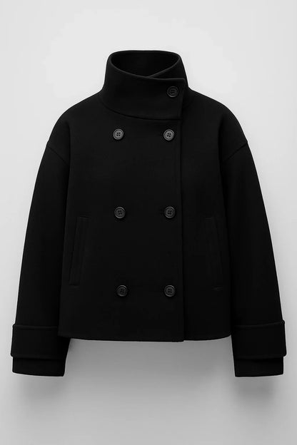 Women's double-breasted cropped coat with rolled cuffs – Black