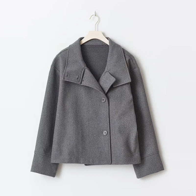 Women's double-breasted cropped coat with rolled cuffs – Gray
