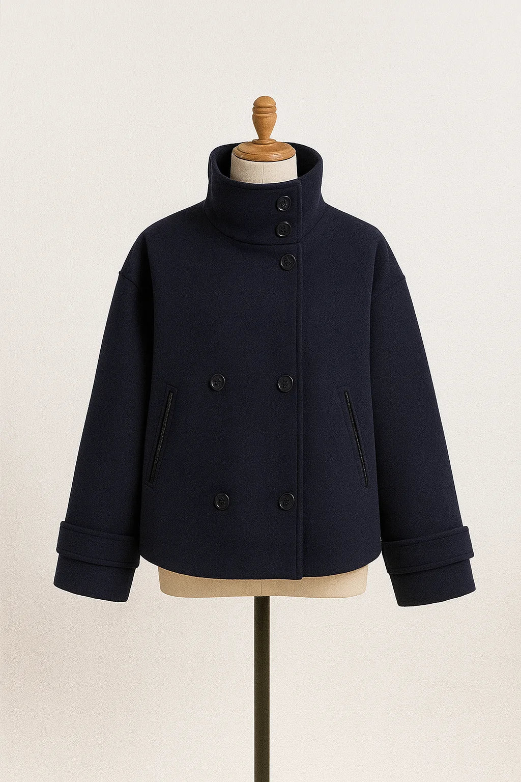 Women's double-breasted cropped coat with rolled cuffs – Navy Blue