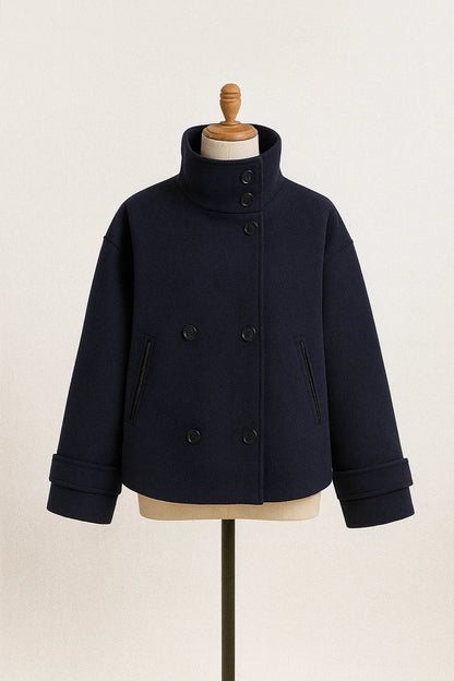Women's double-breasted cropped coat with rolled cuffs – Navy Blue