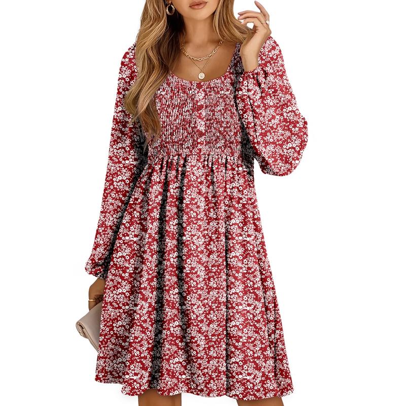 Women's smocked empire-waist long-sleeve mini dress with square-neck and button-front – Red