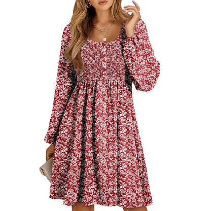 Women's smocked empire-waist long-sleeve mini dress with square-neck and button-front – Red
