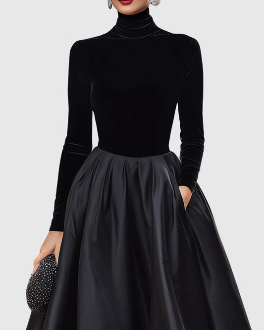 Women's velvet and satin midi dress with high neckline – Black