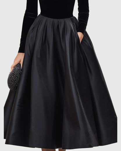 Women's velvet and satin midi dress with high neckline – Black