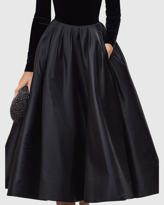 Women's velvet and satin midi dress with high neckline – Black