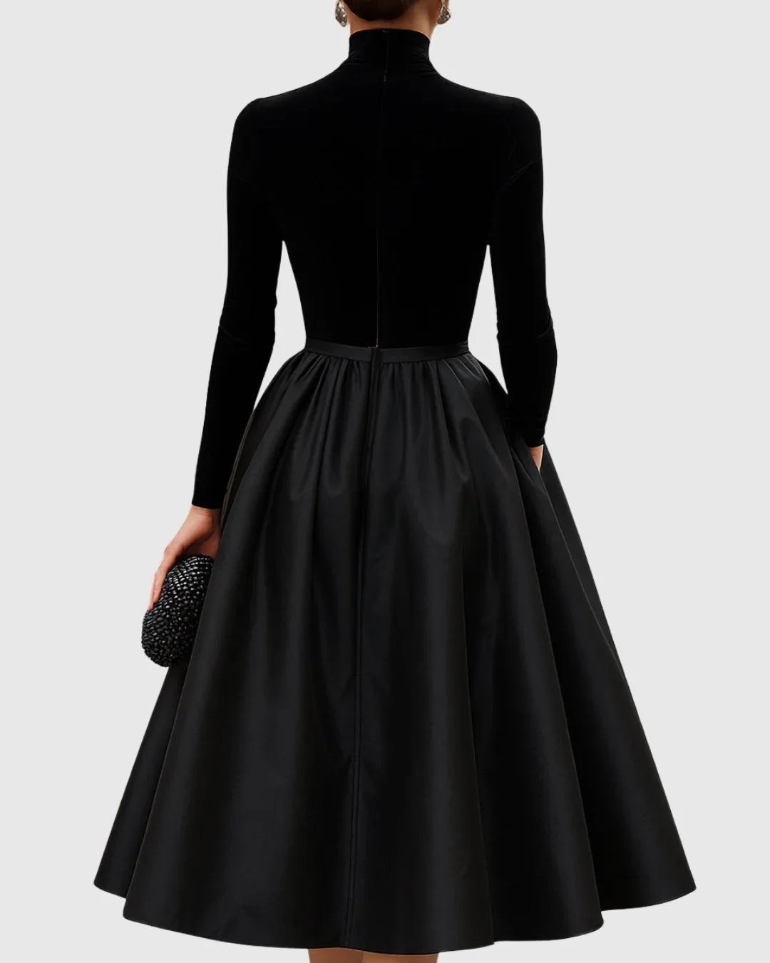 Women's velvet and satin midi dress with high neckline – Black