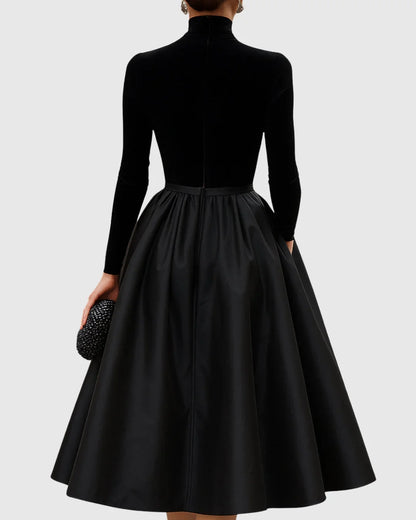 Women's velvet and satin midi dress with high neckline – Black