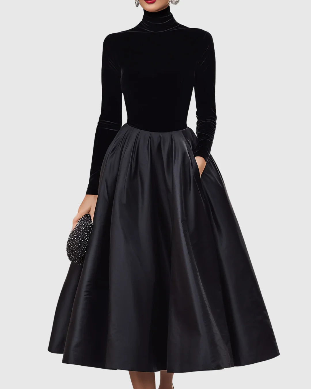 Women's velvet and satin midi dress with high neckline – Black