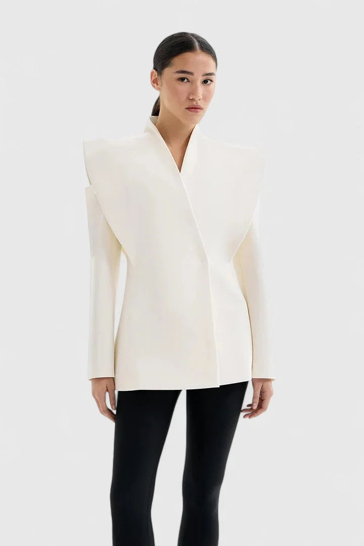 Women's wrap stand collar blazer with exaggerated shoulder cut-outs – White