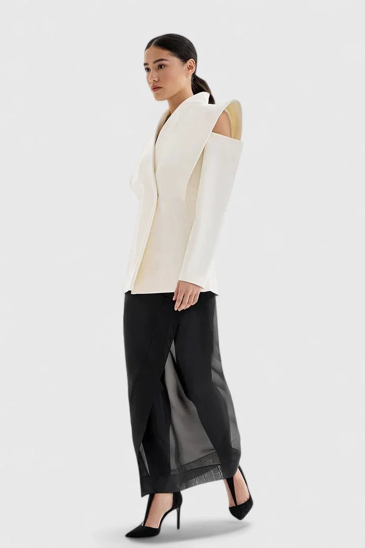 Women's wrap stand collar blazer with exaggerated shoulder cut-outs – White