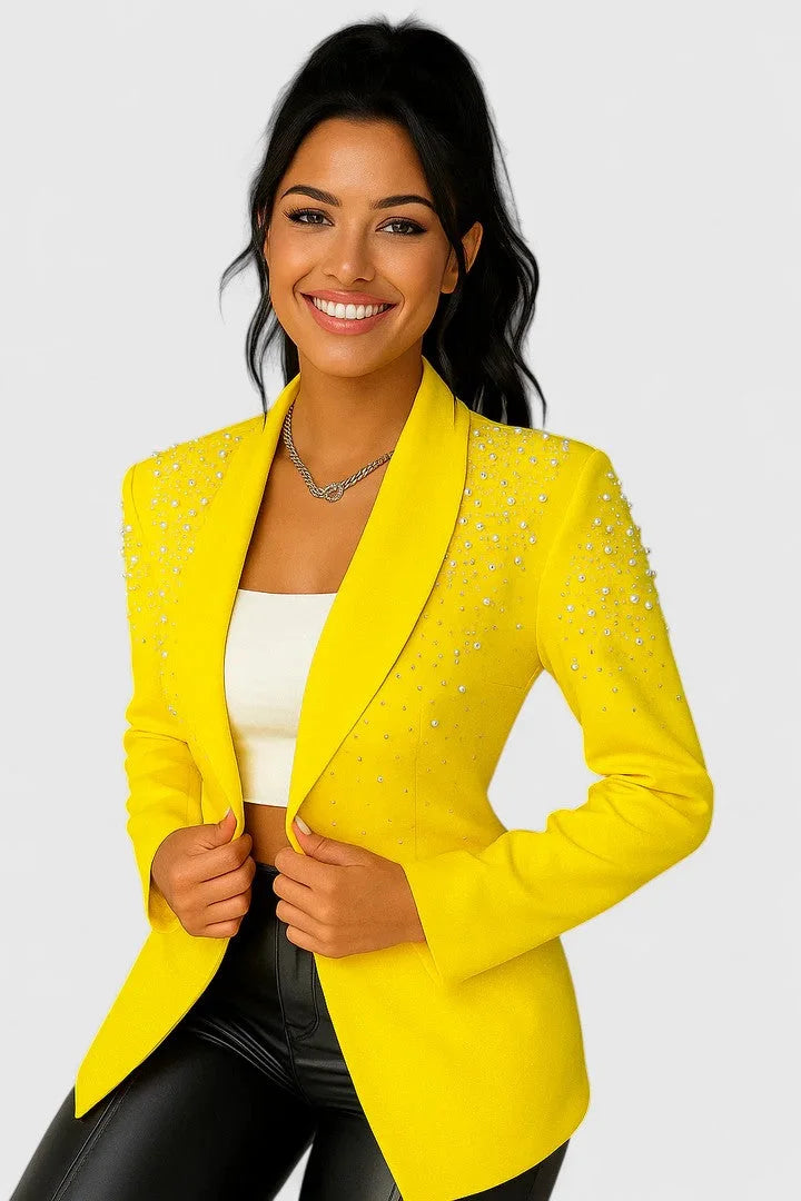 Women's open-front shawl collar blazer with beaded shoulders