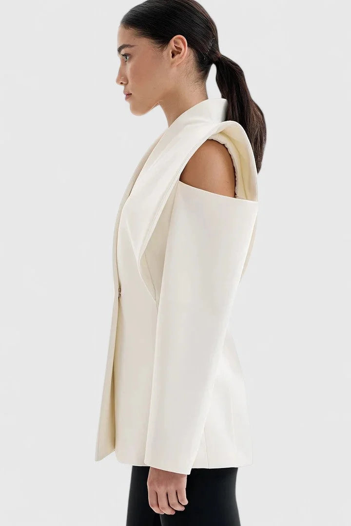 Women's wrap stand collar blazer with exaggerated shoulder cut-outs – White