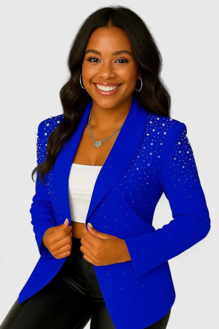 Women's open-front shawl collar blazer with beaded shoulders