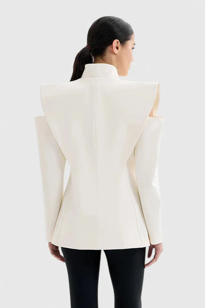 Women's wrap stand collar blazer with exaggerated shoulder cut-outs – White