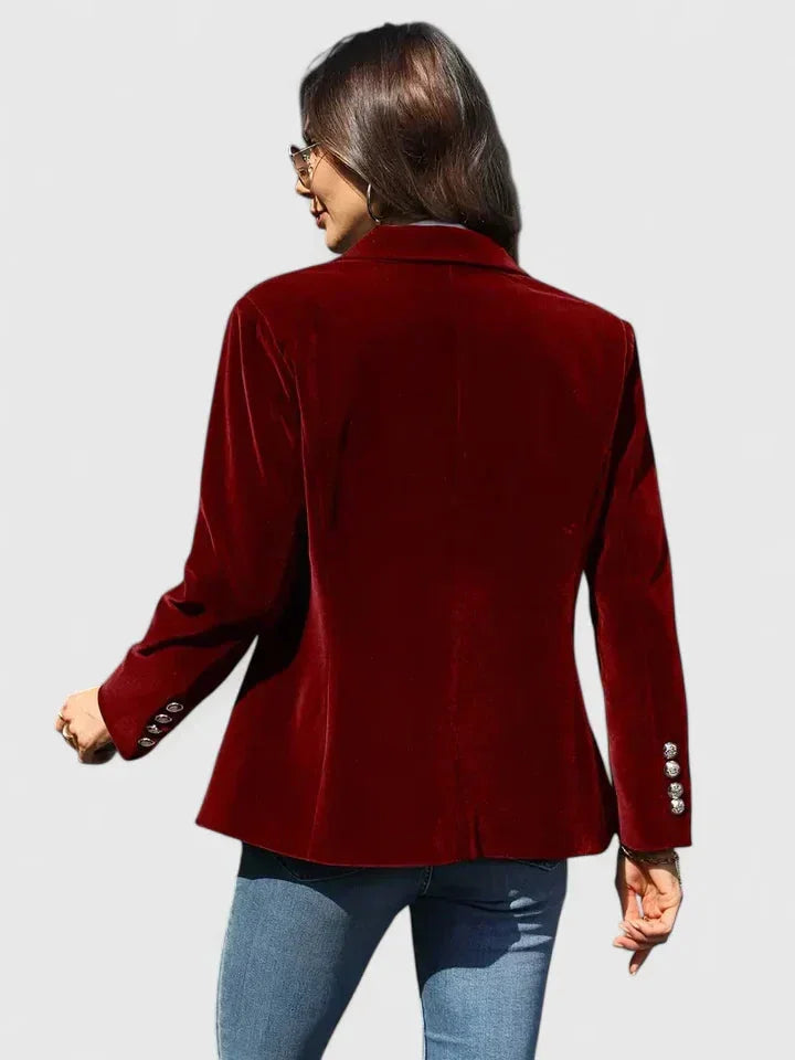 Women's velvet button-front notch lapel blazer with decorative cuff