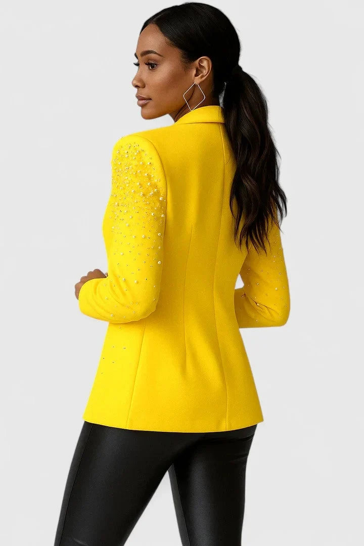 Women's open-front shawl collar blazer with beaded shoulders