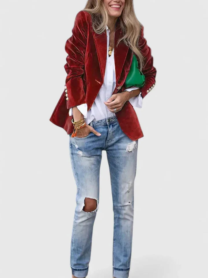 Women's velvet button-front notch lapel blazer with decorative cuff