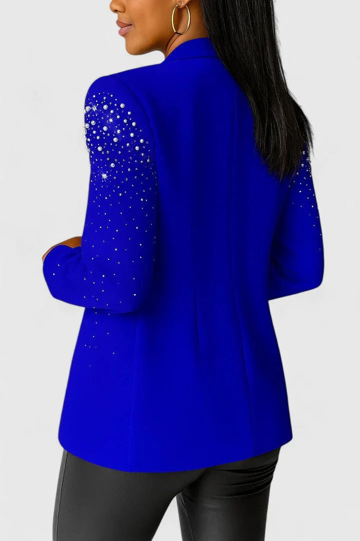 Women's open-front shawl collar blazer with beaded shoulders