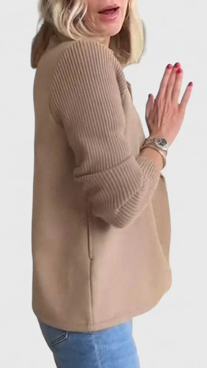 Women's double-breasted notch lapel blazer with ribbed knit sleeves