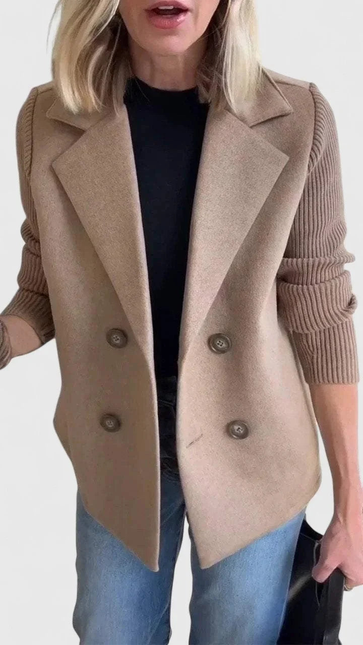 Women's double-breasted notch lapel blazer with ribbed knit sleeves