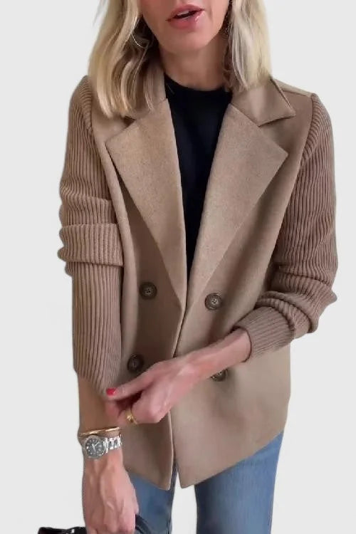Women's double-breasted notch lapel blazer with ribbed knit sleeves