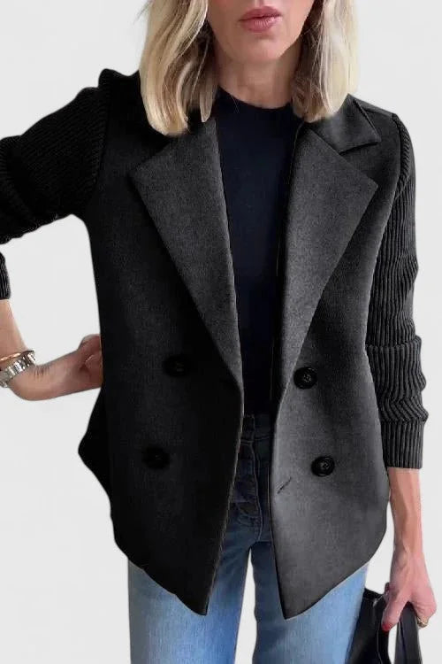 Women's double-breasted notch lapel blazer with ribbed knit sleeves – Black